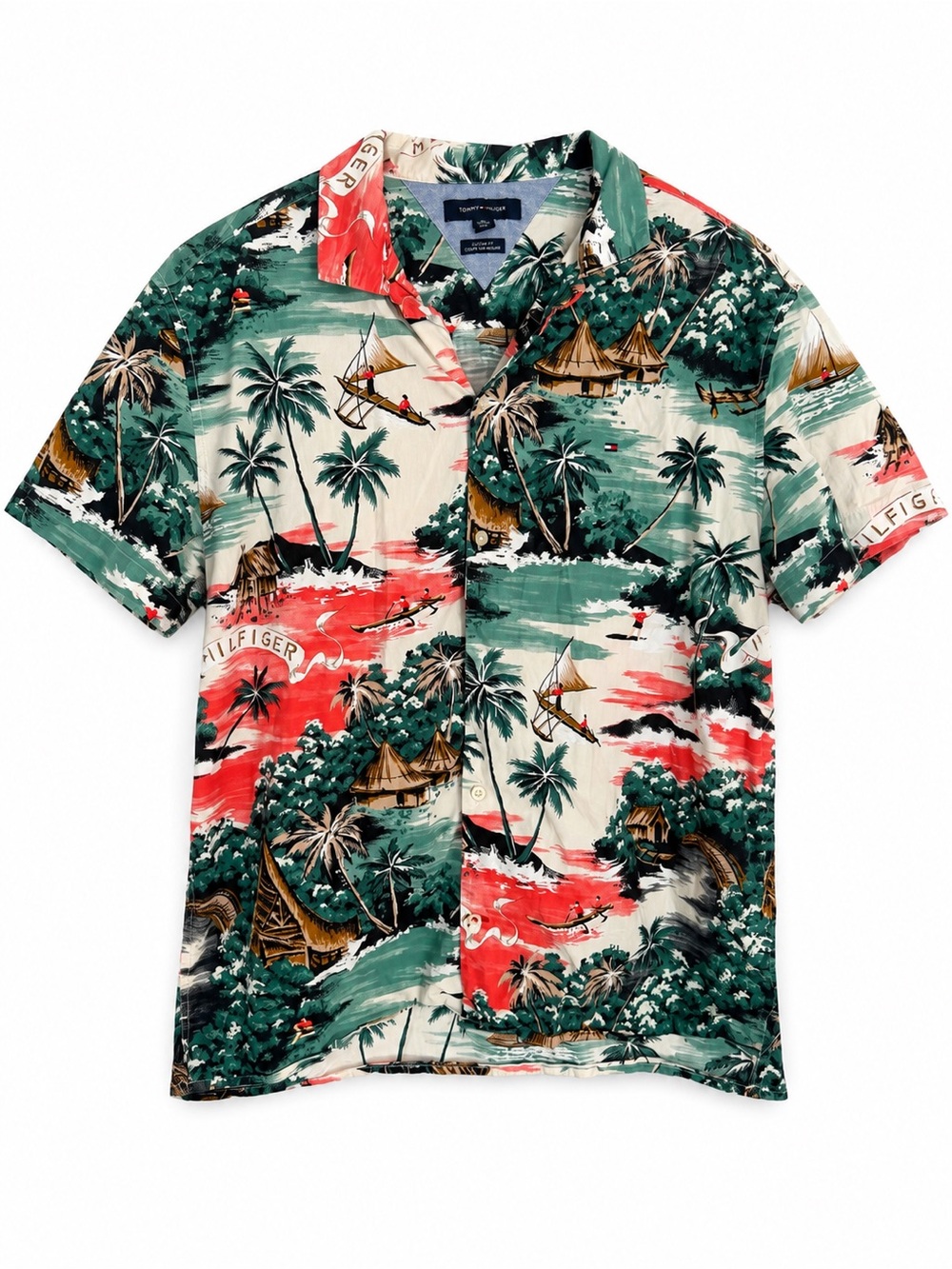 Tommy Hilfiger Custom Fit Tropical Hawaiian Camp Shirt XL Island Print Button